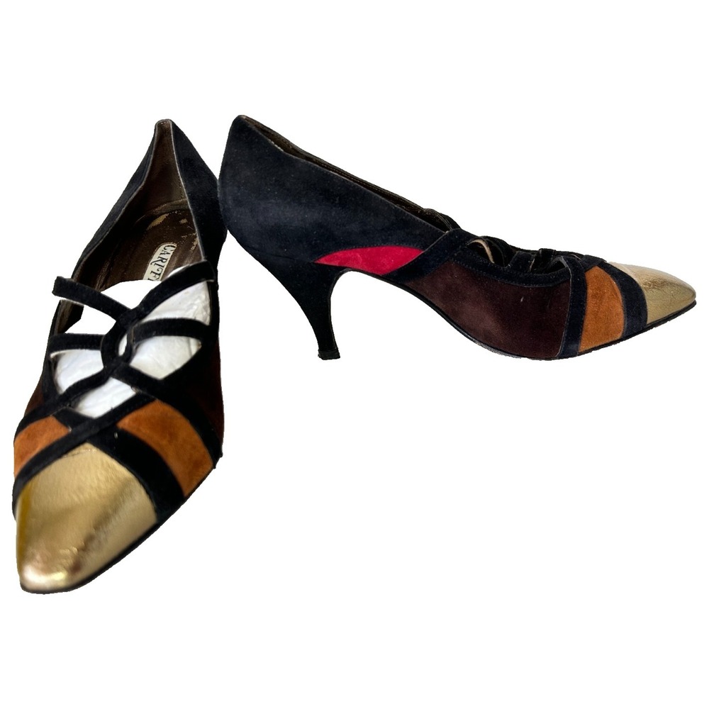 80s Vintage Suede Pumps Color Block Size 7 Made in Italy Heels Gold Toe VGUC